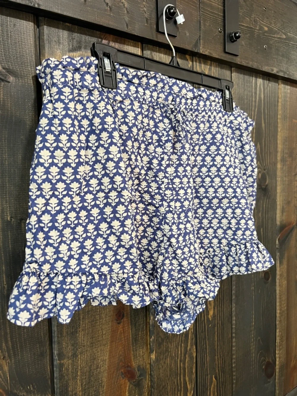 J. Crew Ruffle Shorts XL‎ Floral Blue Cream Drawstring Boho Casual High Waist